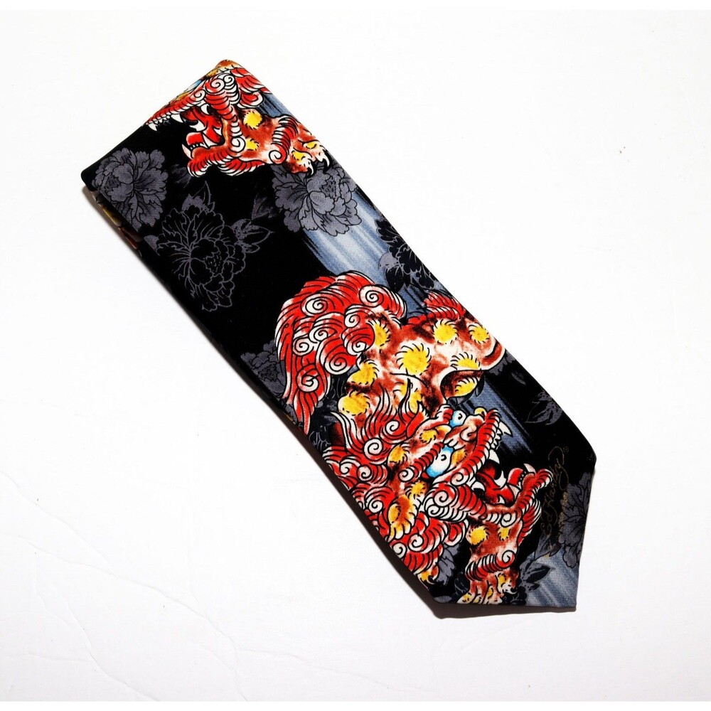 Ed Hardy‎ By Christian Audigier Flying Dragon Silk blue Men Tie 3" wide tattoo